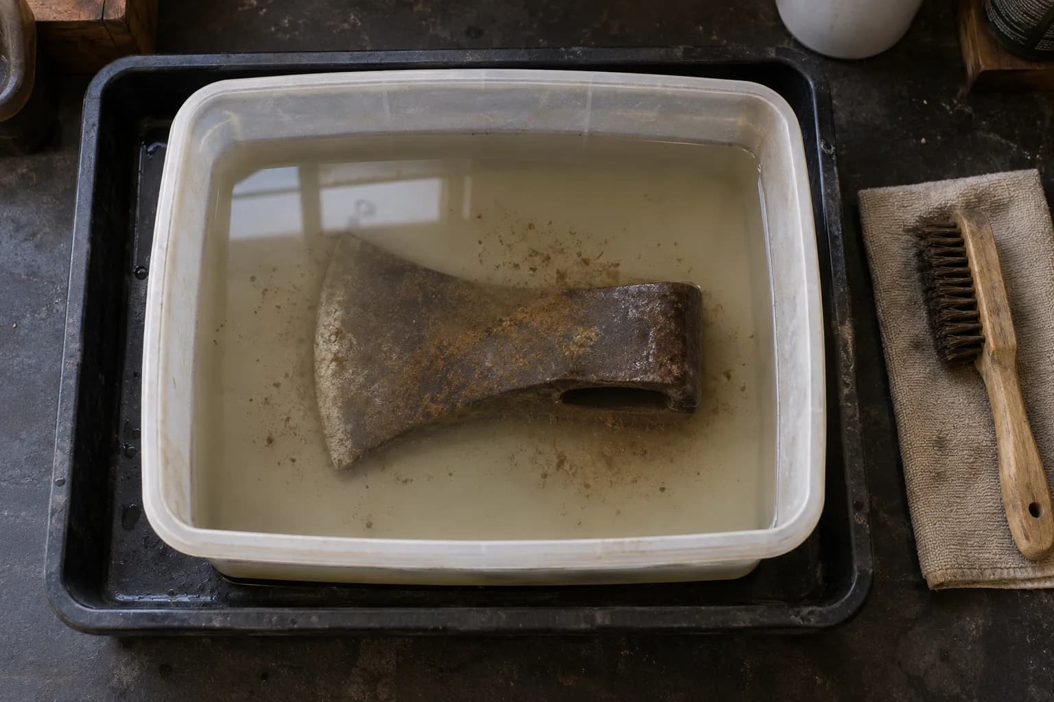 Rusty axe head fully submerged in cloudy vinegar in a plastic tub on a black spill tray, with a brush on a cloth beside it