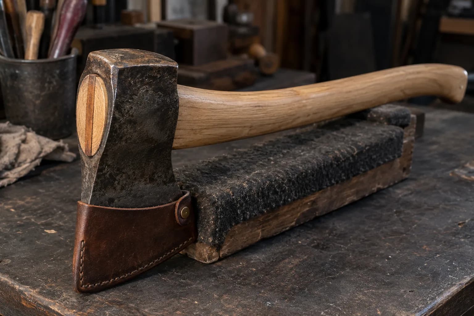 Restored axe head on a new wooden haft with a wedge seated in the eye, leather-masked bit, resting on a felt-padded block
