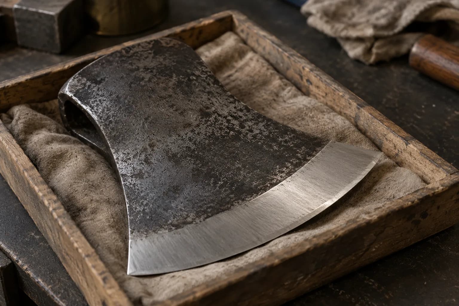 Old axe head lying in a wooden tray on cloth, dark pitted patina on the cheek and a bright satin-ground bit along the edge