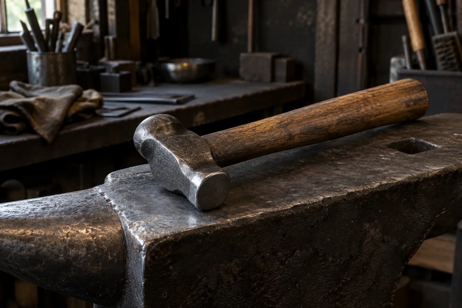 Compact forging hammer with a wooden handle lying on a worn anvil, rounded head end behind a flat face with eased edges.