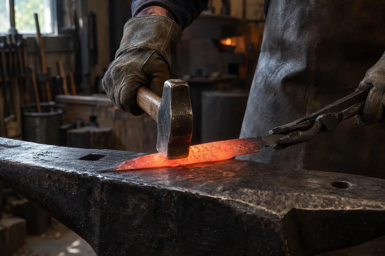 Gloved hand lowers a flat hammer face onto a glowing orange rough-forged blade held on the anvil by tongs at the tang.