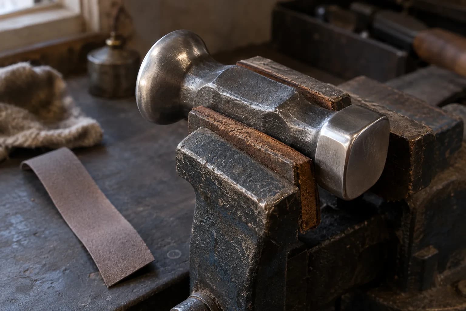 Hammer head in leather-padded vise, polished domed crown at left, eased flat face right, abrasive strip on bench