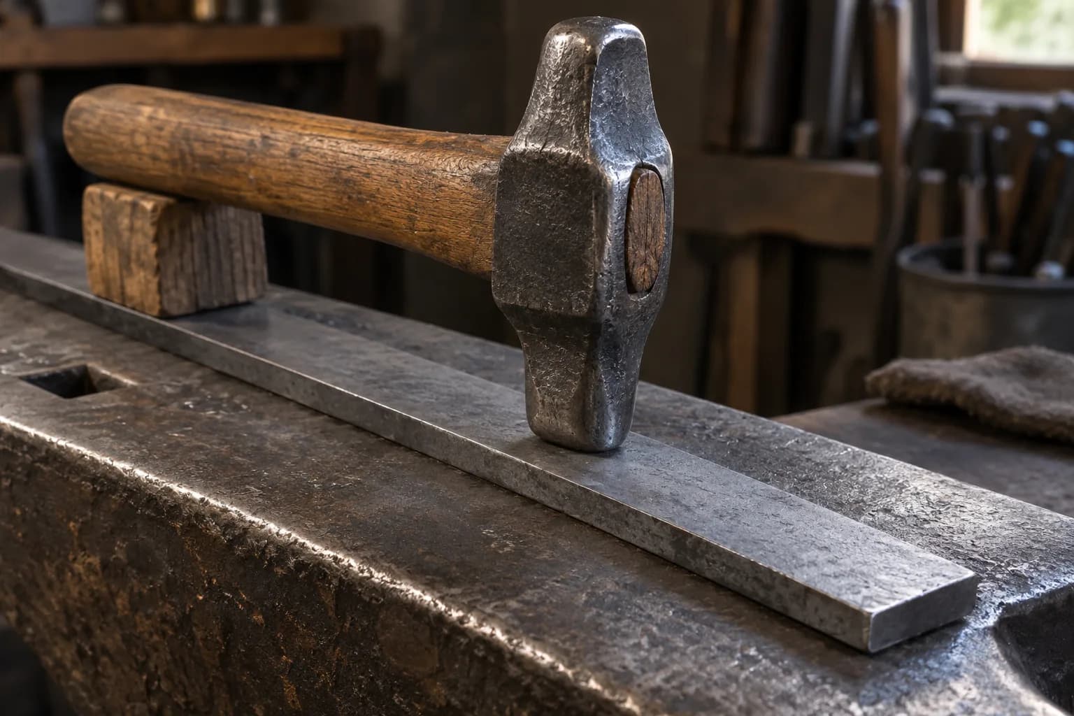 Cross-peen hammer resting its rounded peen on a cold flat steel bar on an anvil, handle propped on a wood block