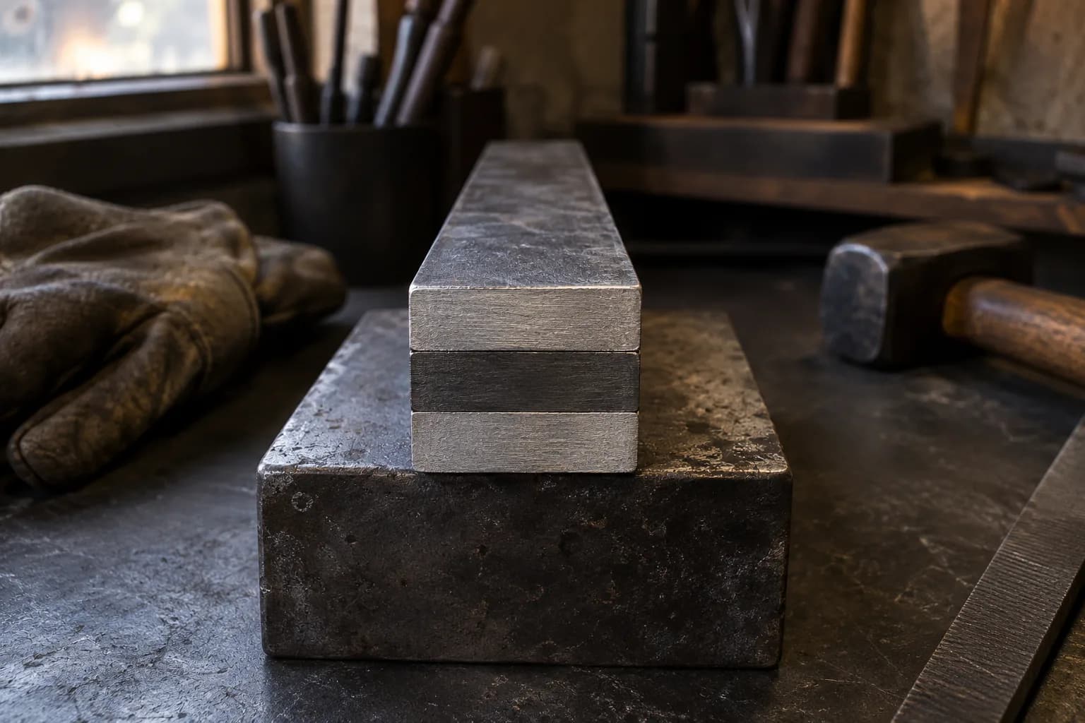 Three flat steel strips stacked tight on a steel block, dark core between two lighter jackets, seen end-on in a small shop.
