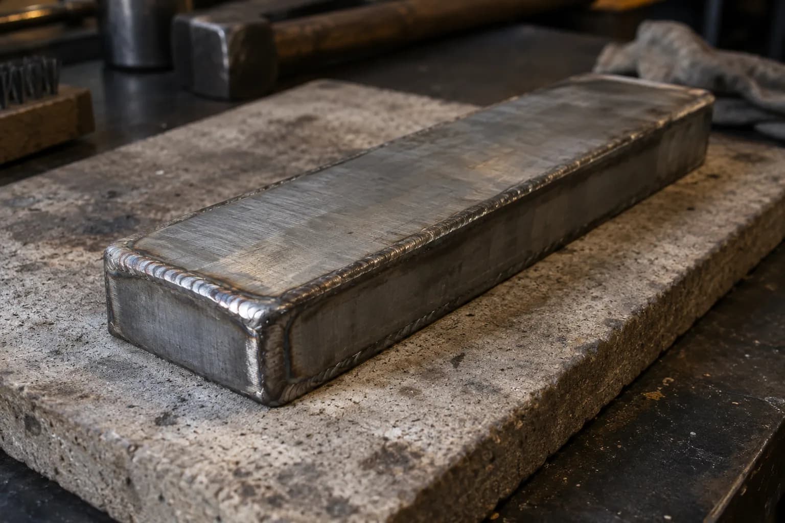 Cold gray san-mai billet on a refractory slab with a continuous weld bead sealing the top edge and end.