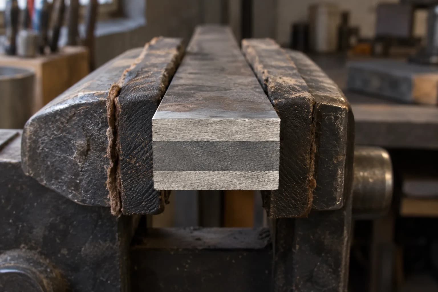 Square-cut end of a drawn bar in padded vise jaws, with a dark core band centered between two lighter jacket bands.