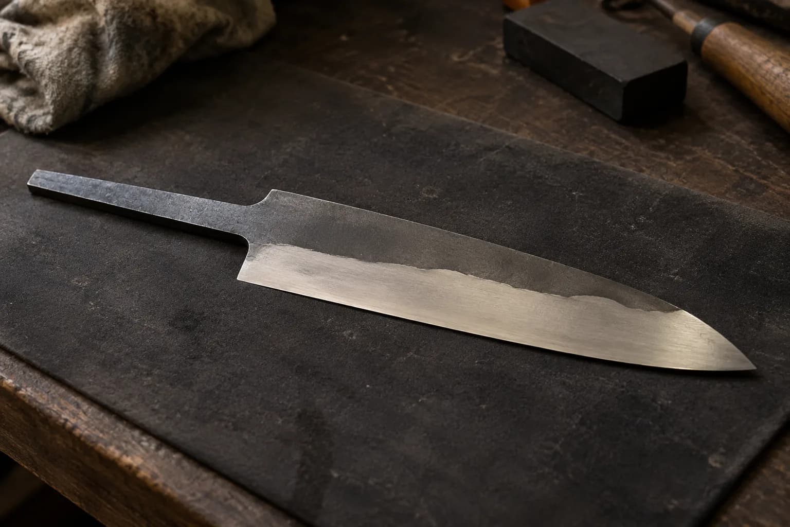 Ground kitchen-knife blank on a dark pad, with a bright edge band below a wavy line separating it from the darker flat.