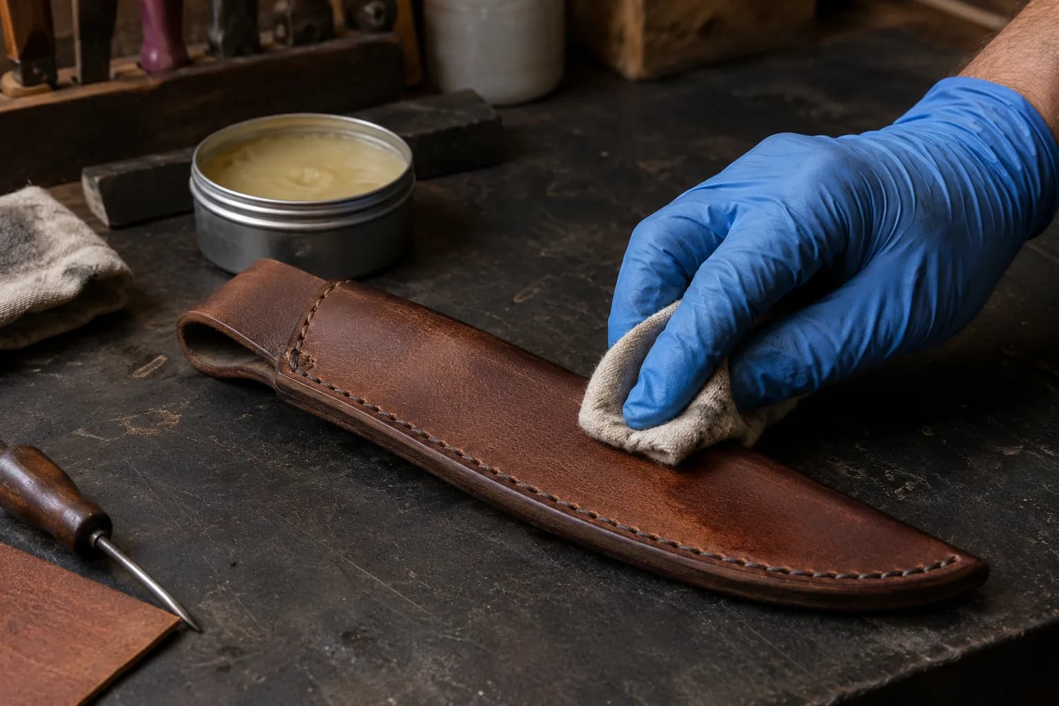 Blue-gloved hand wiping conditioner onto an empty stitched leather sheath beside a tin of balm and an awl.
