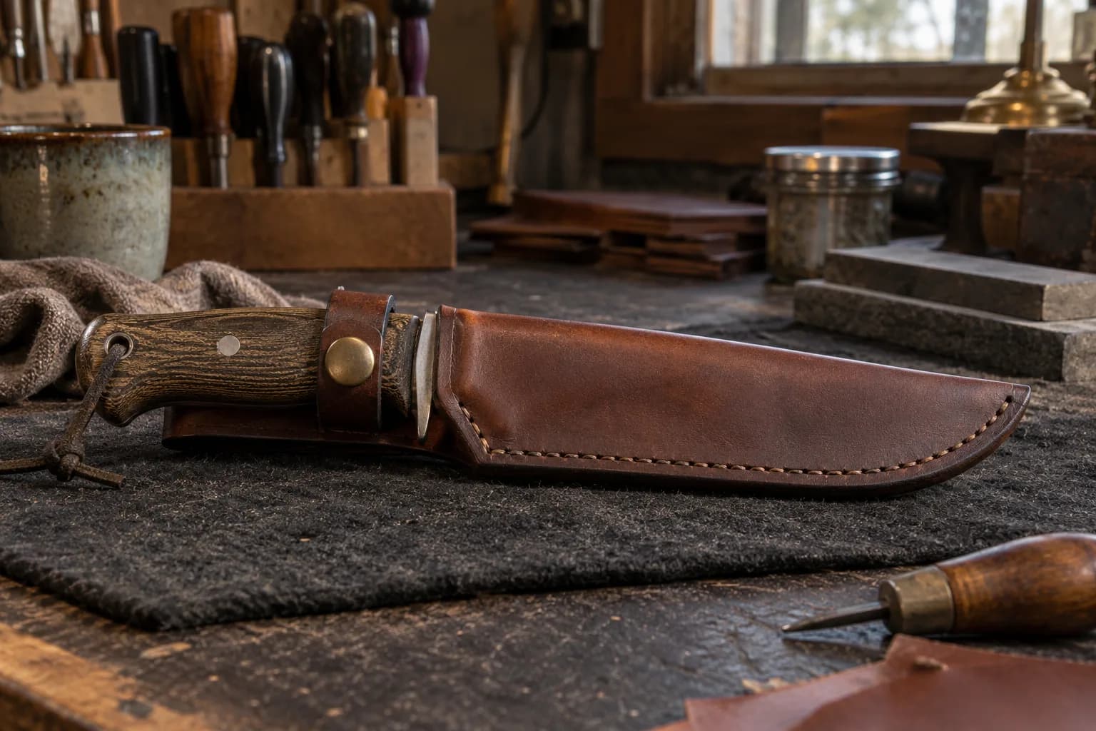 Stitched leather sheath seating a fixed-blade knife, with a brass-snap strap around the wood handle.