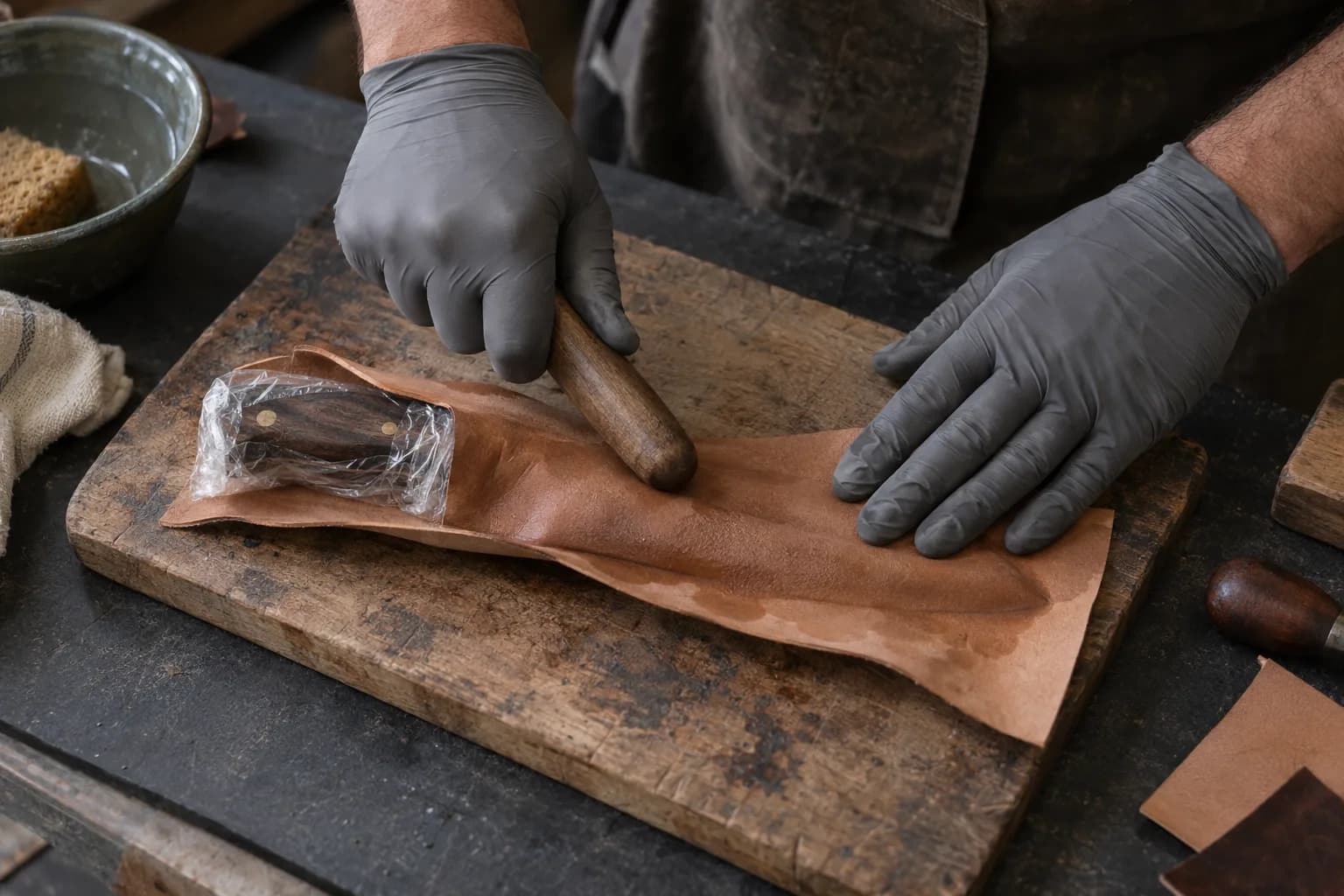 Gloved hands pressing damp leather around a plastic-wrapped knife with a wooden modeling tool on a work board.