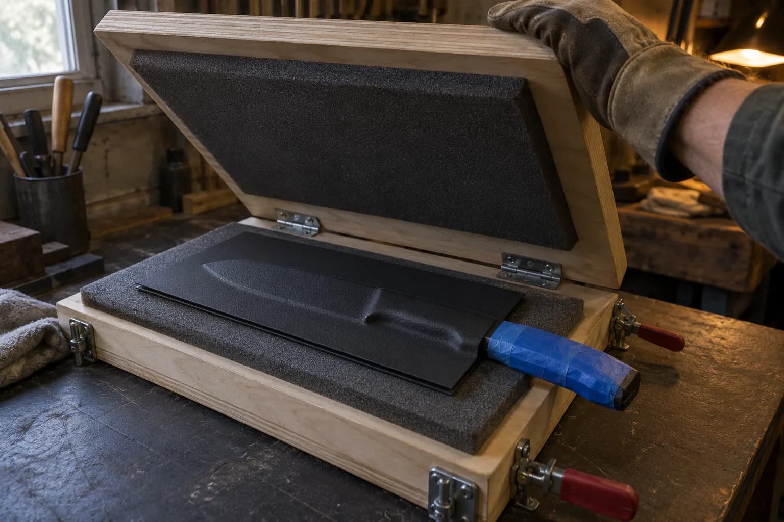Open hinged plywood foam press with a black Kydex sheet shaped over a blue-taped knife, a gloved hand holding the lid