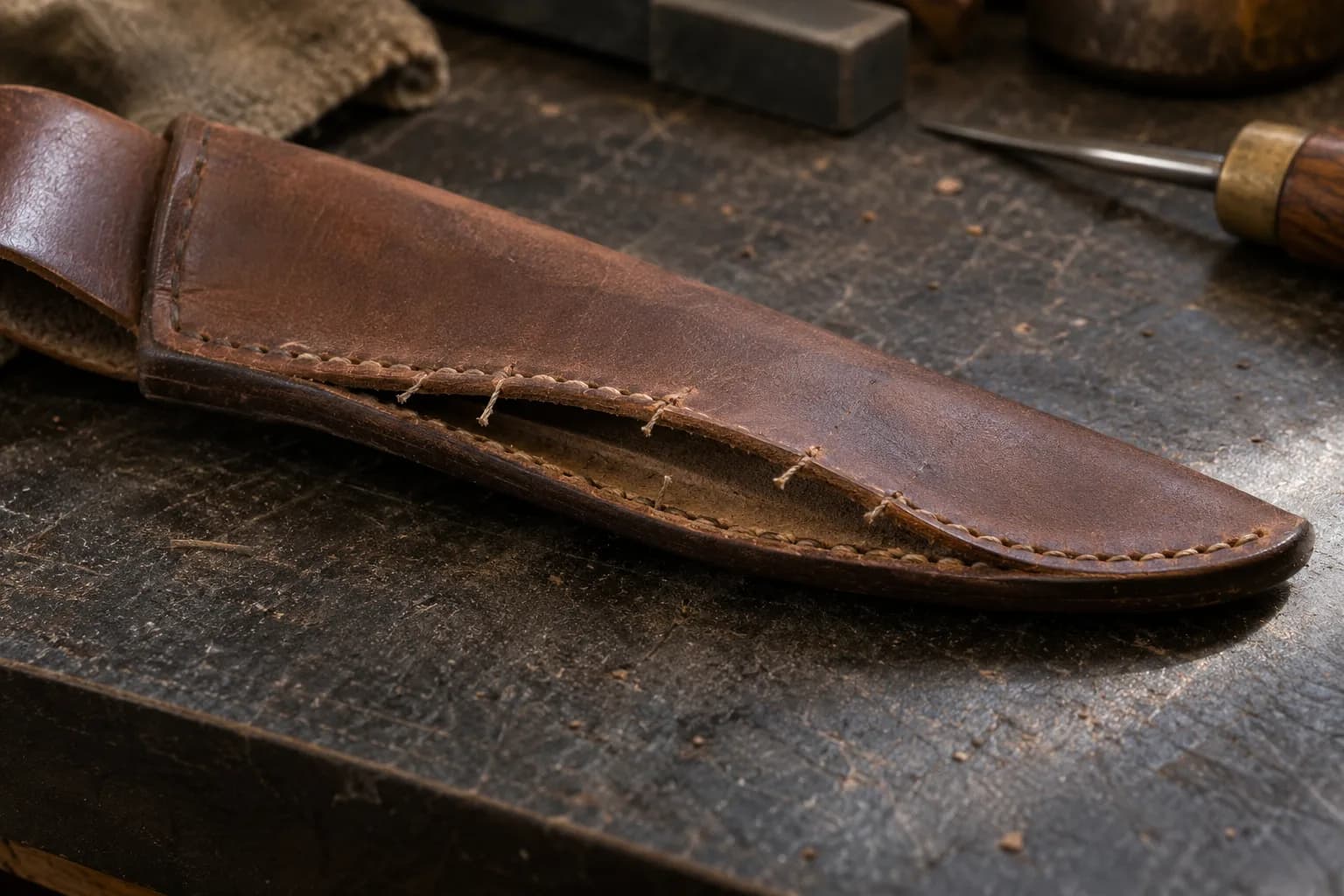 Brown leather knife sheath on a scarred bench with the seam opened, severed thread ends and no welt between the panels