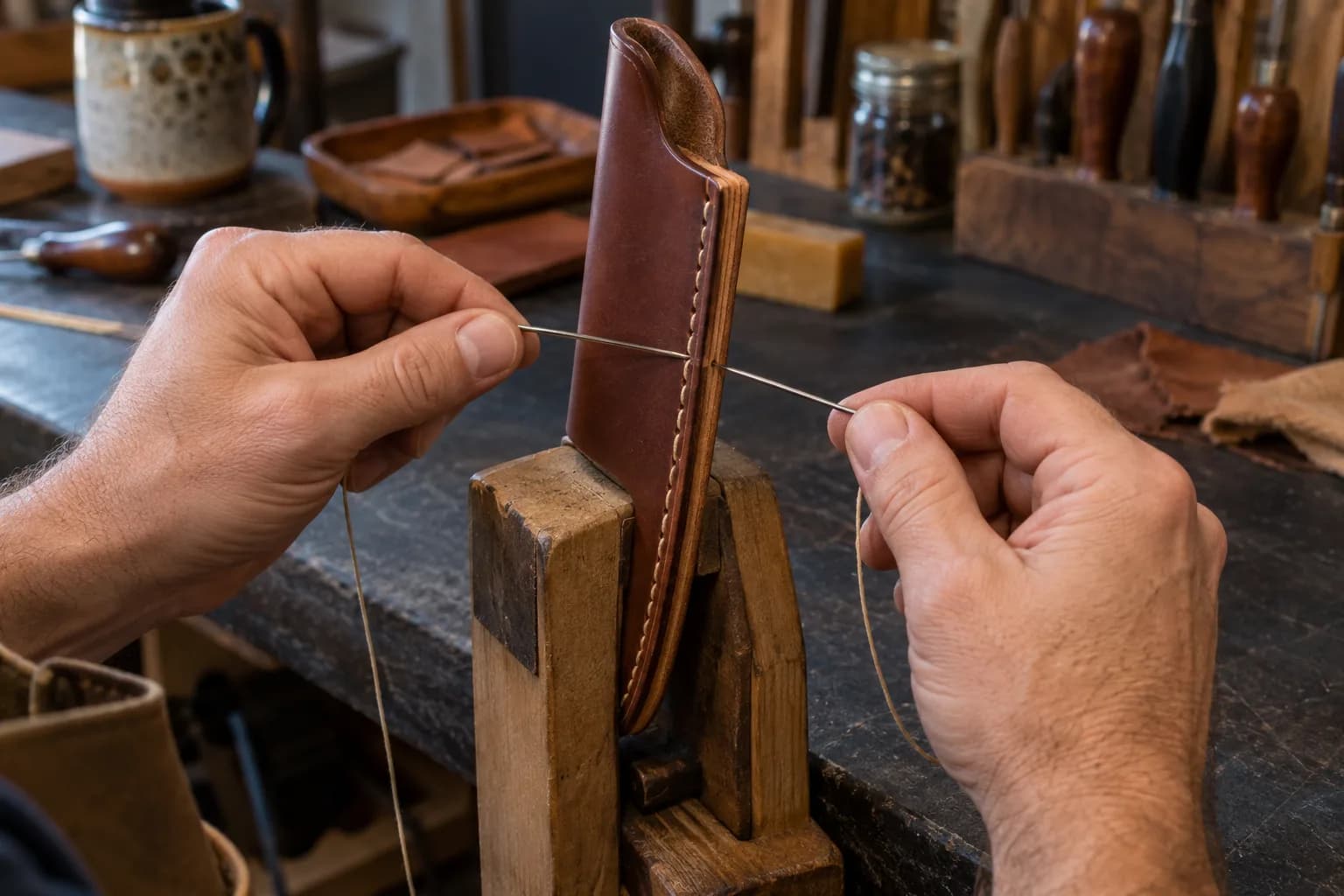 Two hands pass blunt needles through one awl hole in a welted brown leather sheath seam held upright in a wooden stitching pony.
