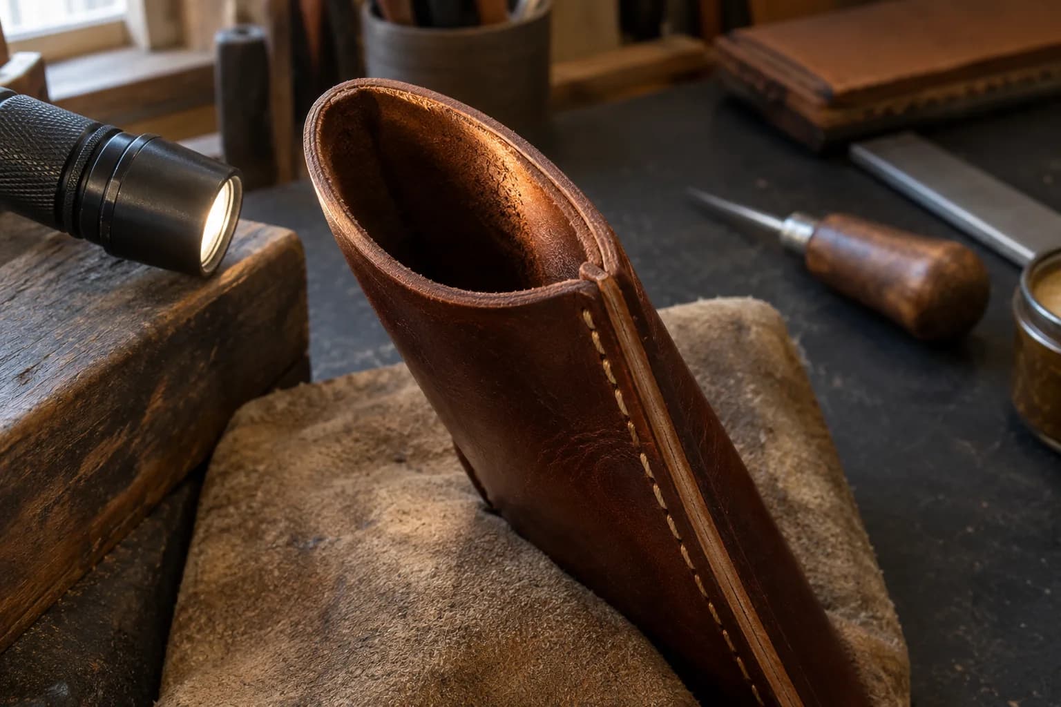 Empty brown leather sheath standing in a suede pad, a flashlight lighting the mouth and a cream welt strip beside the stitched seam
