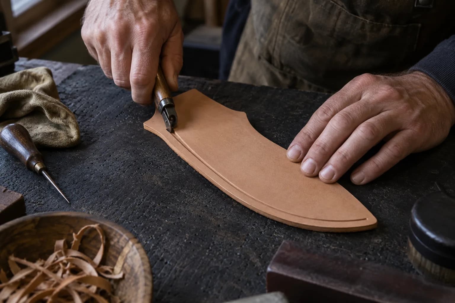 Hand drags a wooden-handled groover along the curved edge of a flat veg-tan sheath panel, leaving a shallow inboard groove.