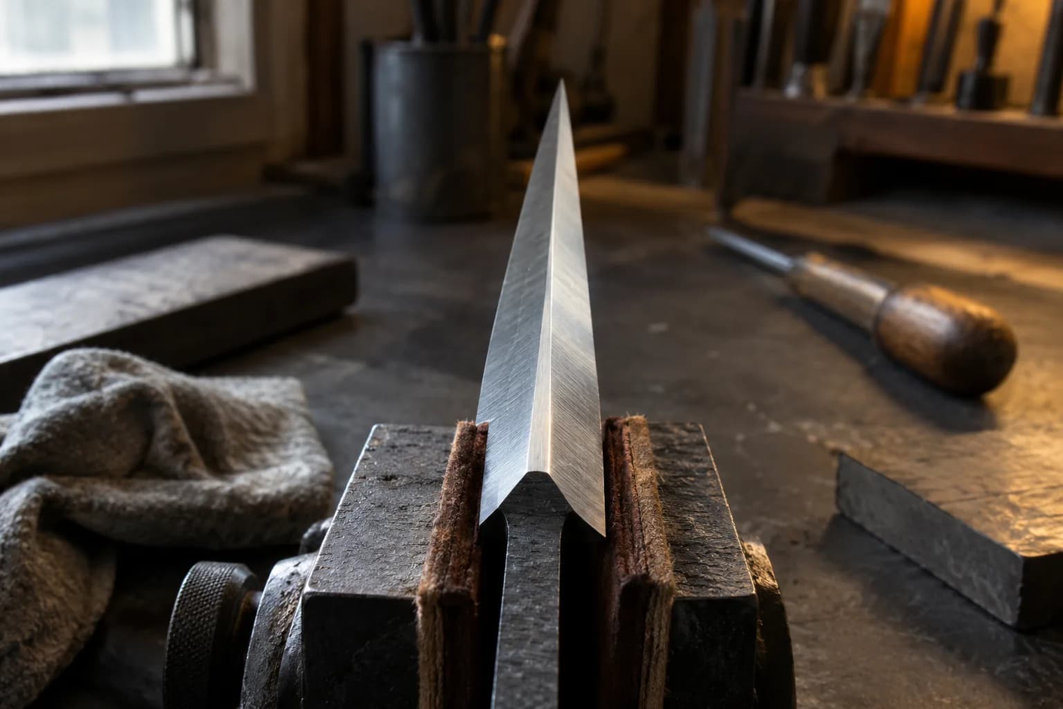 Double-bevel blade held in padded vise jaws, two ground faces meeting at a centered edge that runs to a distant tip.