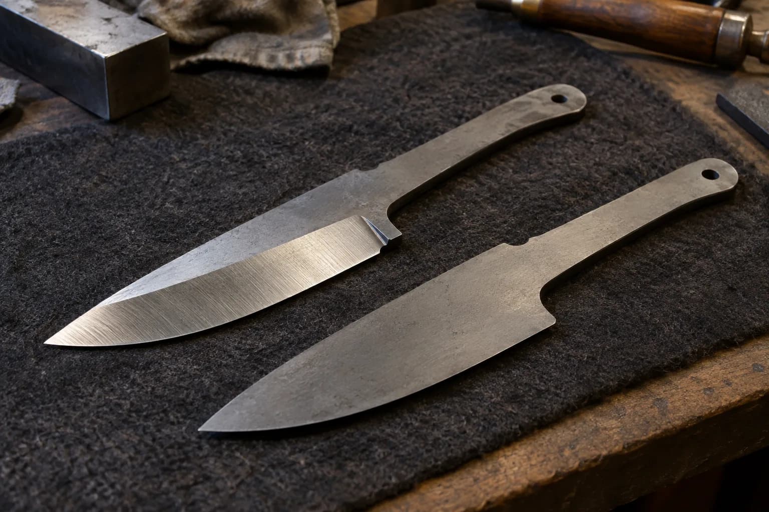 Two knife blade blanks on dark felt, one with a broad polished bevel to the edge, the other with a flat unground face.