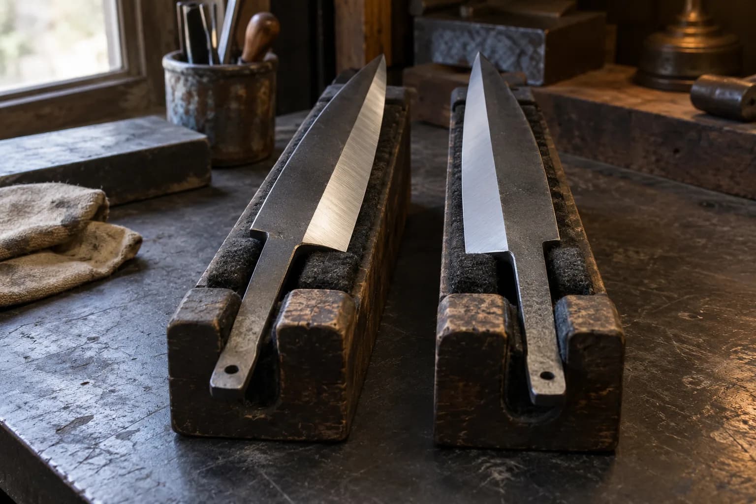 Two long single-bevel blades in padded wooden cradles, polished grind faces on opposite sides, one ground left and one right