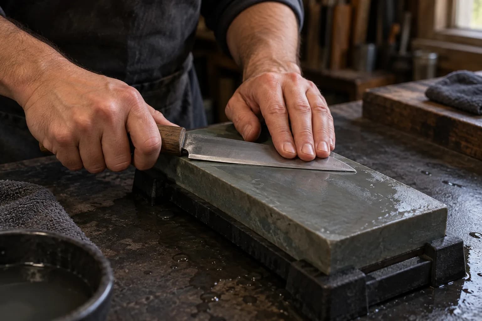 Hands holding a knife flat on a wet sharpening stone in a black holder, fingers pressing the blade face behind the edge.