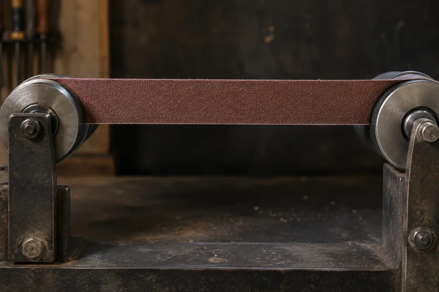 Abrasive belt stretched taut between two steel rollers on bolted brackets, with open dark space behind the span.