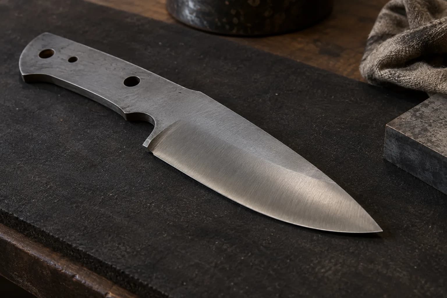 Stout knife blank lying flat on a dark pad, its broad polished bevel rounding smoothly to the edge under soft light.