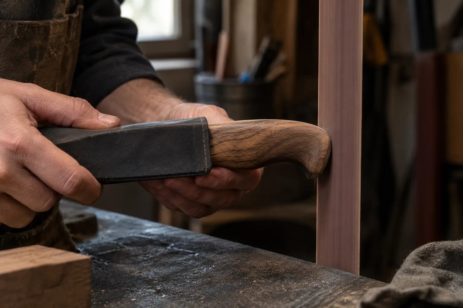 Wood-handled knife with its blade in a dark sheath, handle end touching a fine abrasive belt, held in two bare hands.