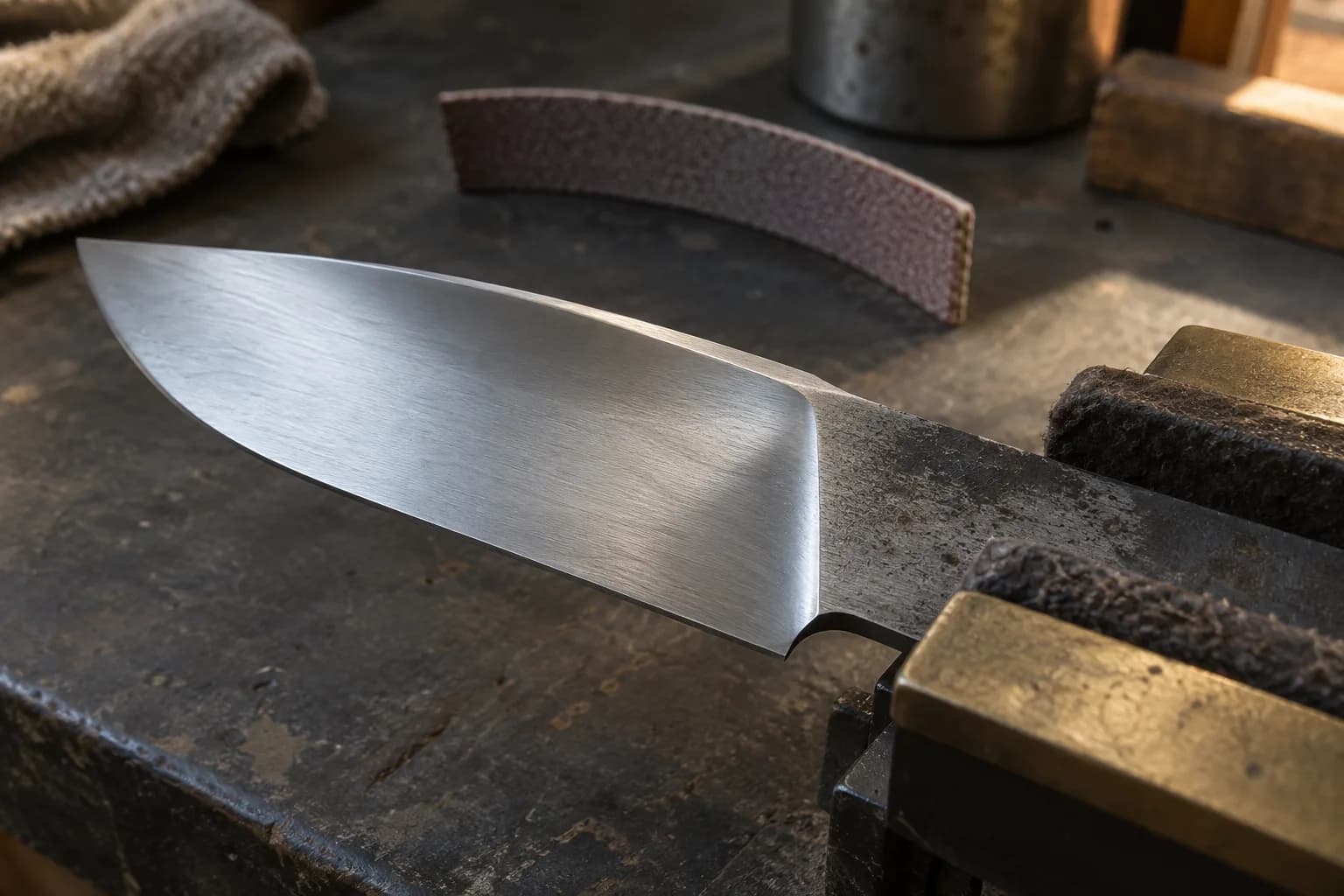 Ground knife blade clamped by its tang in padded jaws, showing a crisp plunge shoulder, with an abrasive strip behind it.