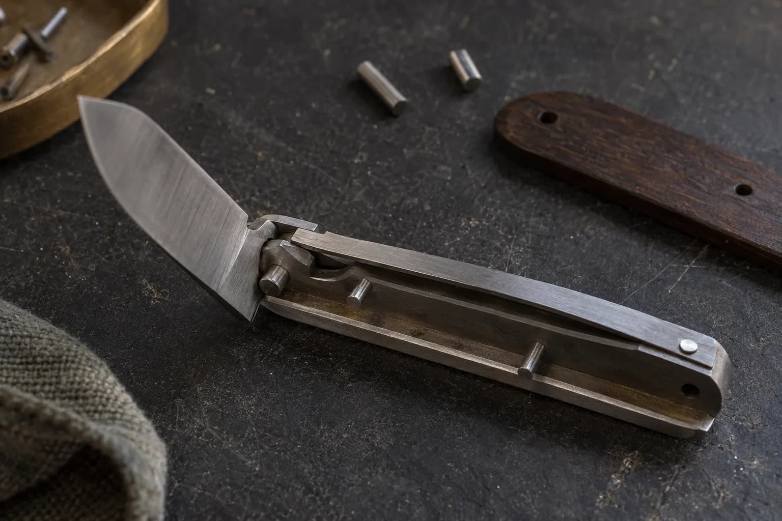 Open slipjoint mock-up with one scale removed; the backspring bar rides the blade's tang cam beside the pivot pin