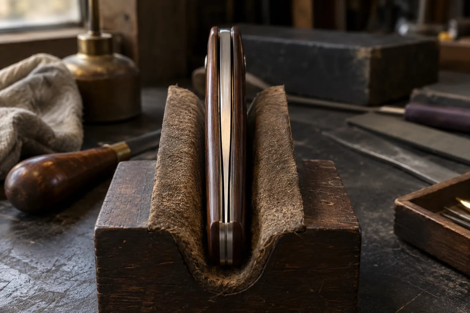 Closed slipjoint standing in a leather-lined wooden cradle, steel blade centered between two dark wood handle scales.