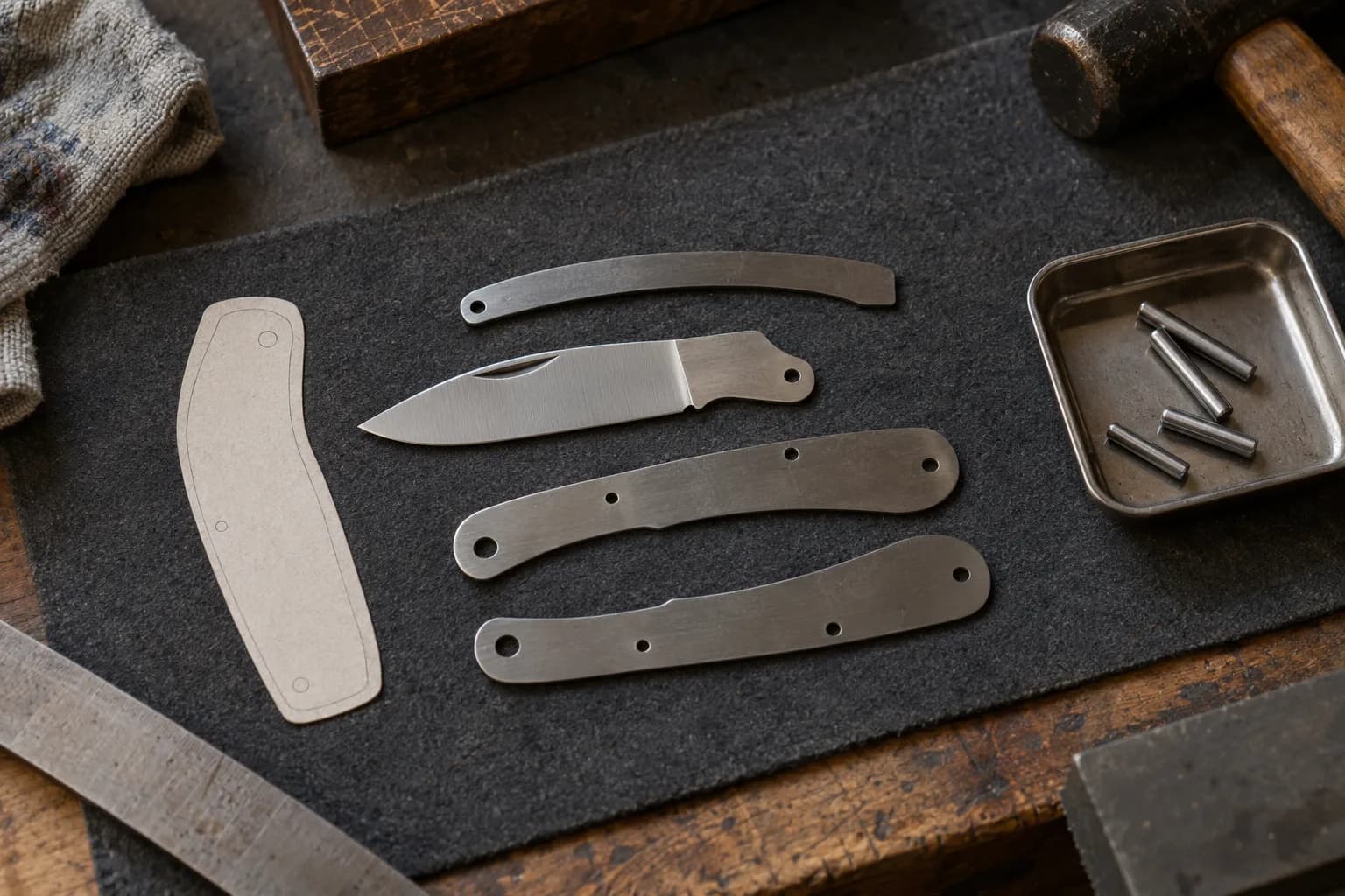 Slipjoint kit on a charcoal mat: blade with pivot hole, curved backspring, two liners, card template and pins in a tray