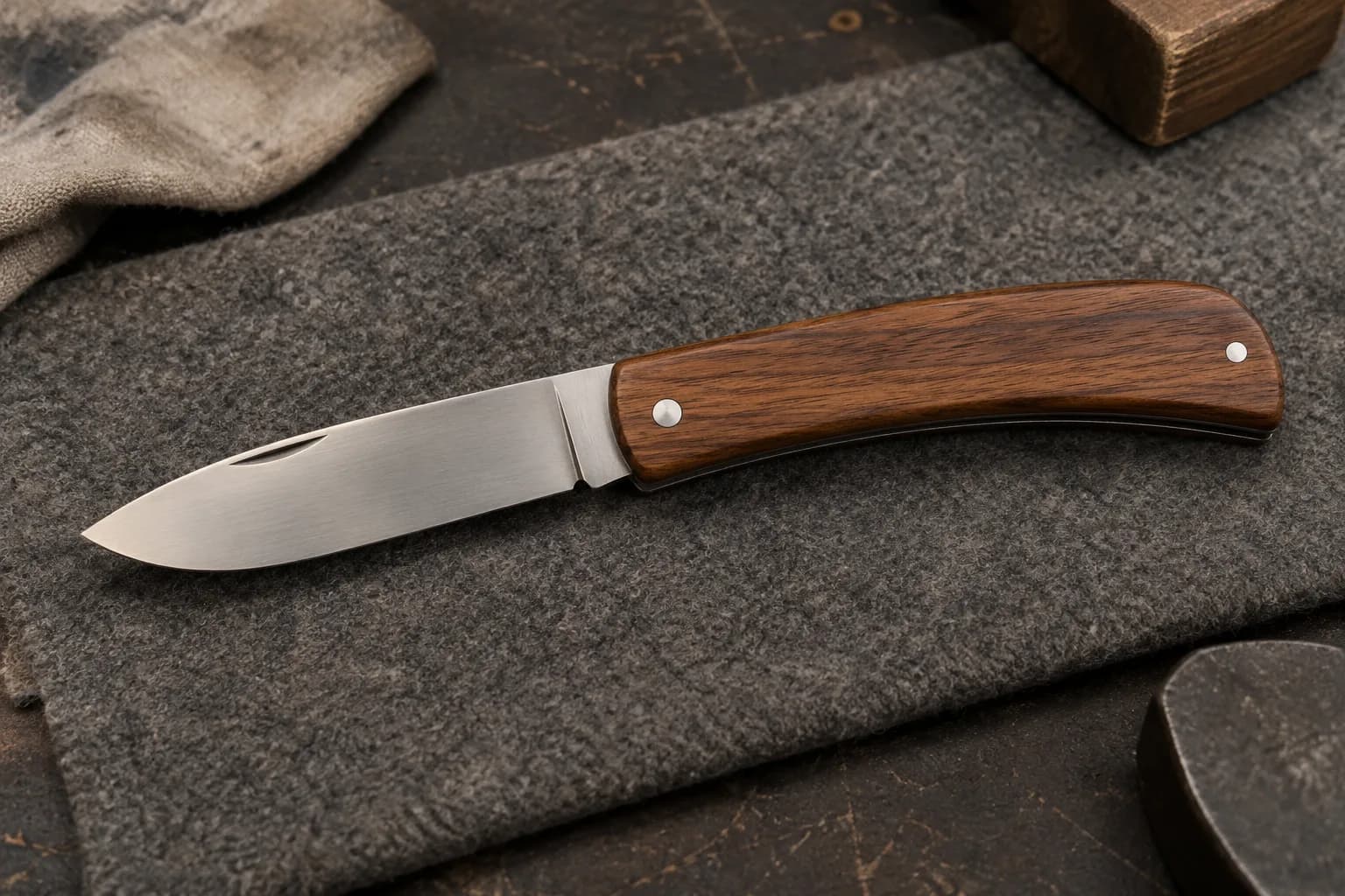 Finished single-blade slipjoint folder lying open on a grey felt pad, satin drop-point blade and plain walnut handle with two pins.