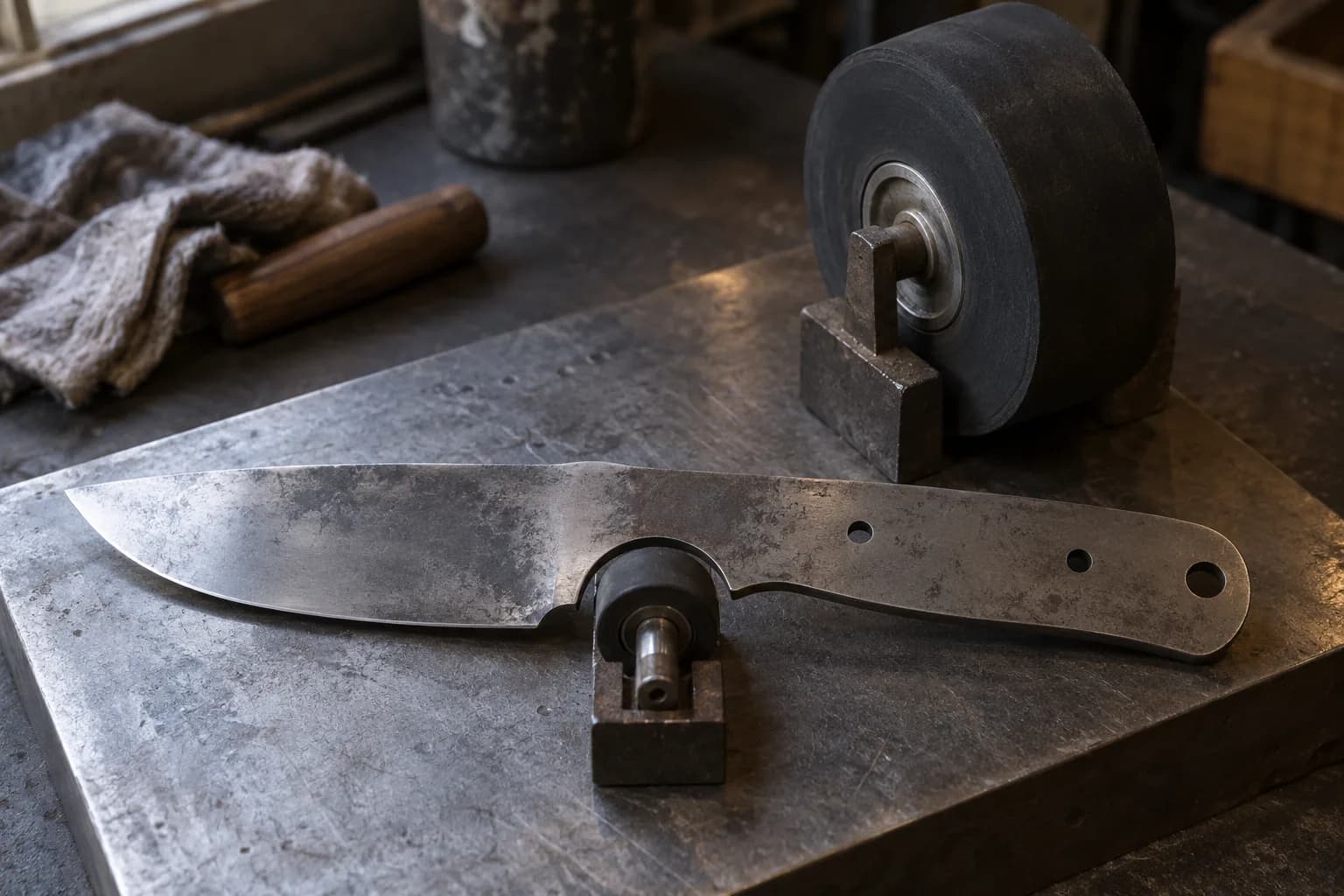 Flat blade blank on a steel pad with a small rubber wheel sitting in its curved choil, a larger wheel on a block beside it.