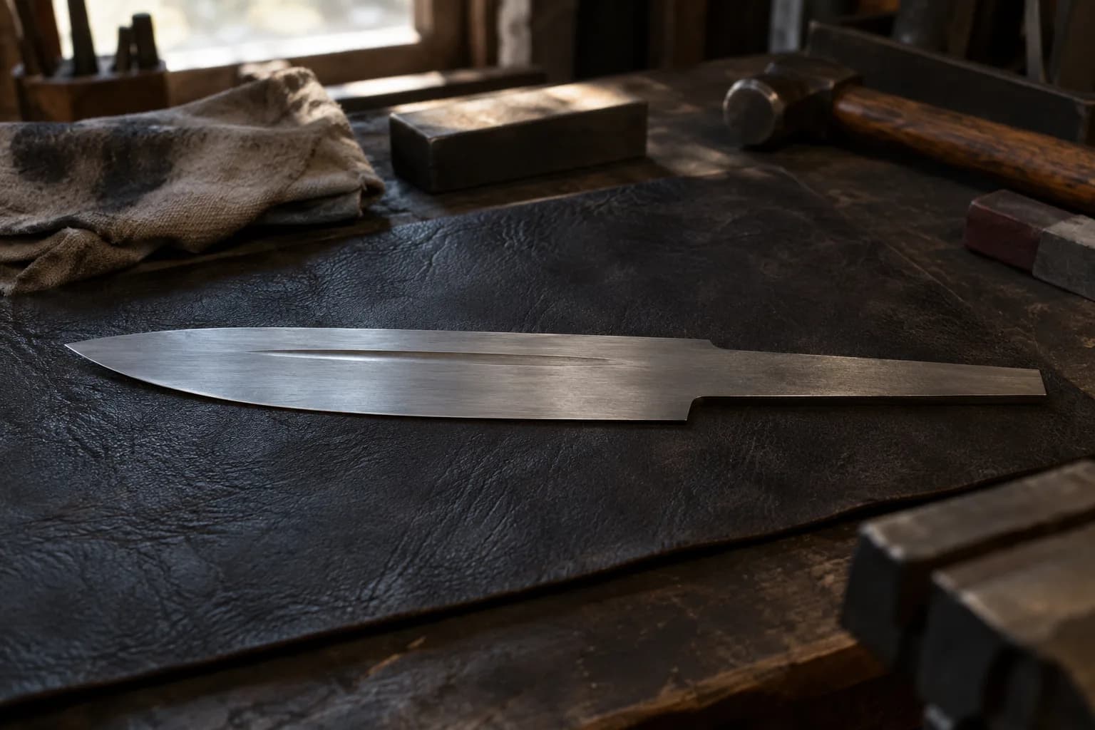 Long unhandled blade blank on a dark leather pad with a shallow fuller tapering out at both ends in grazing light.