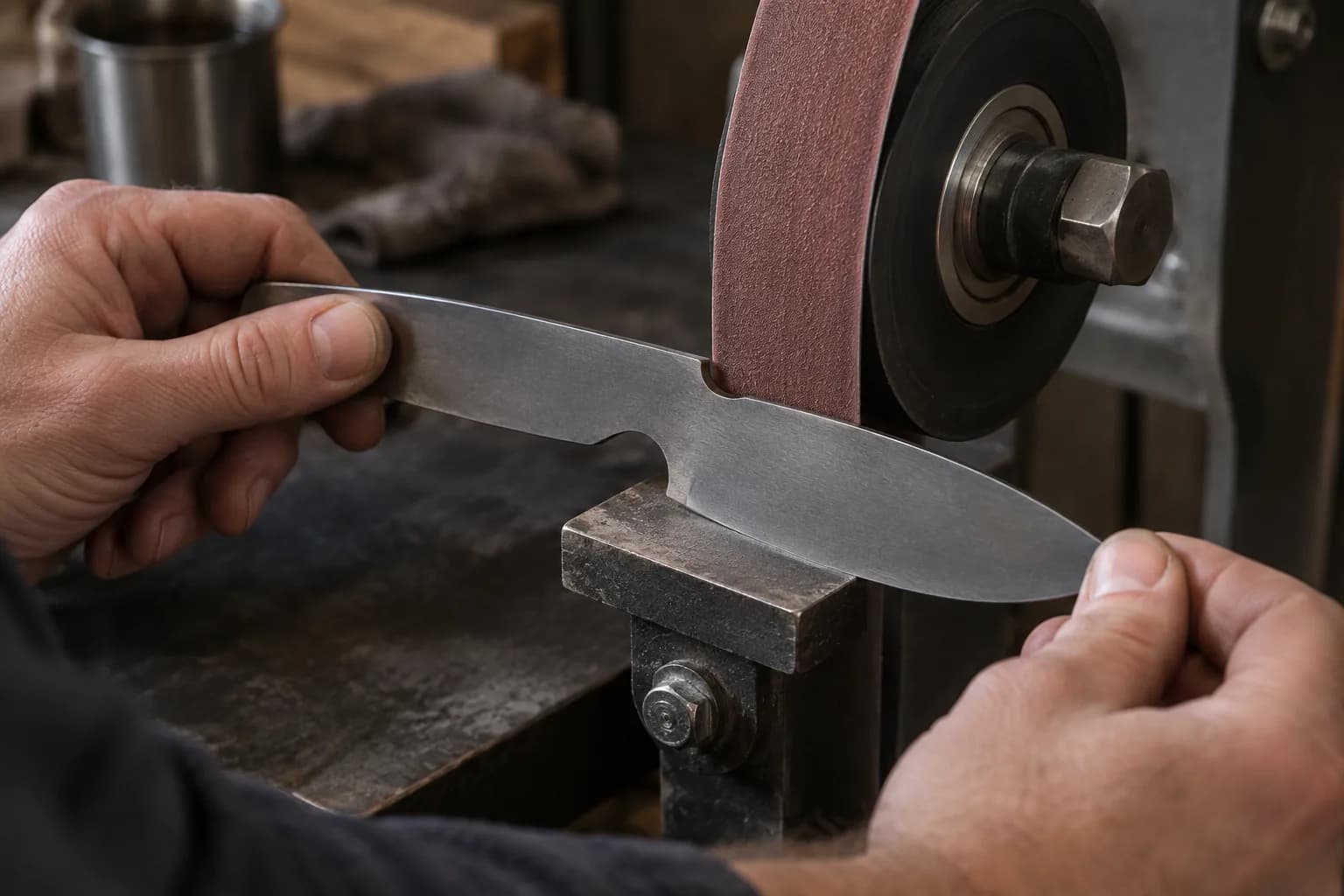 Hands hold an unsharpened knife blank on a work rest with its choil lightly touching an abrasive belt on a small wheel.