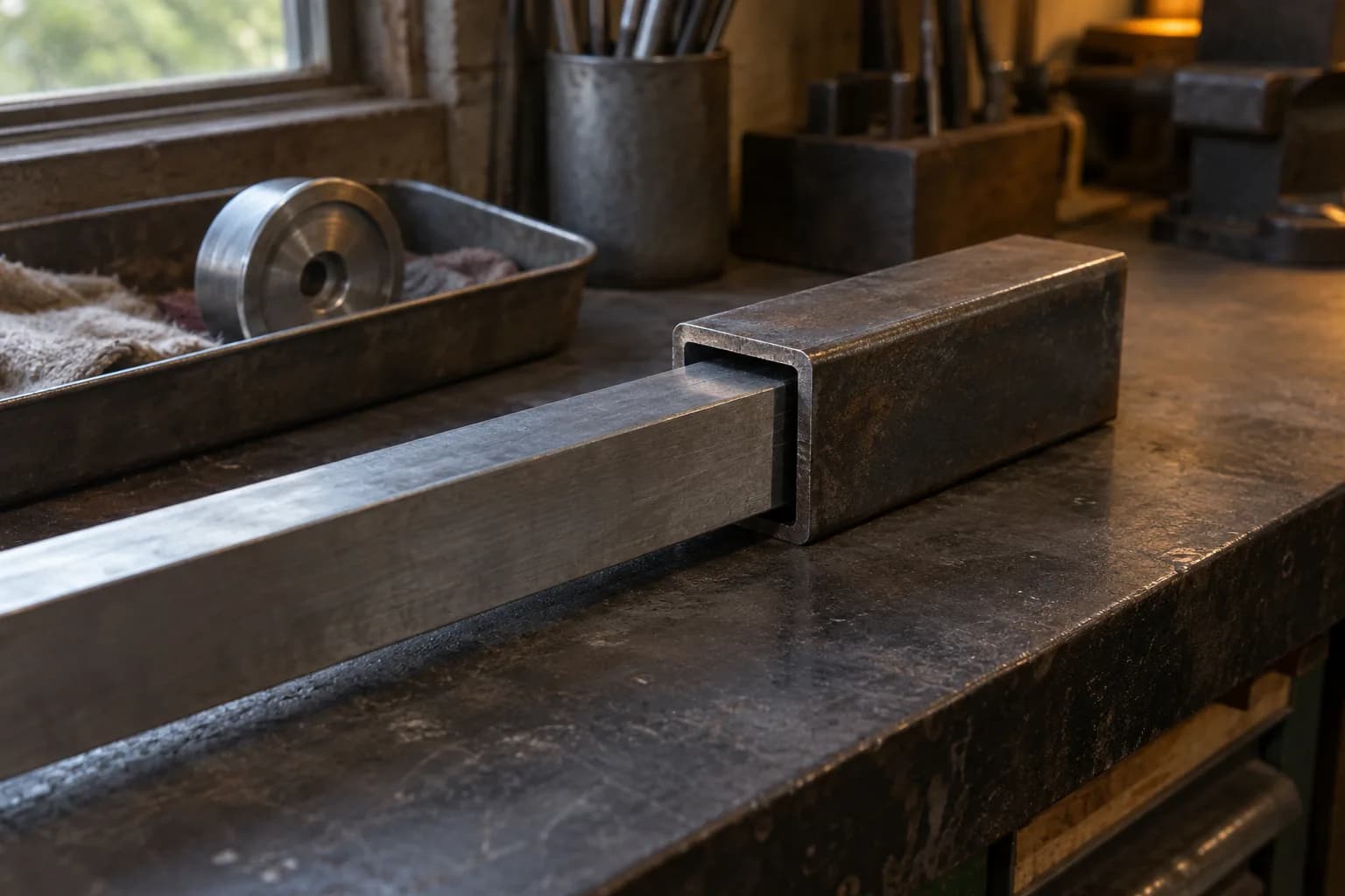 Square steel bar sliding into a matching square tube on a workbench, with a plain wheel resting in a tray behind.