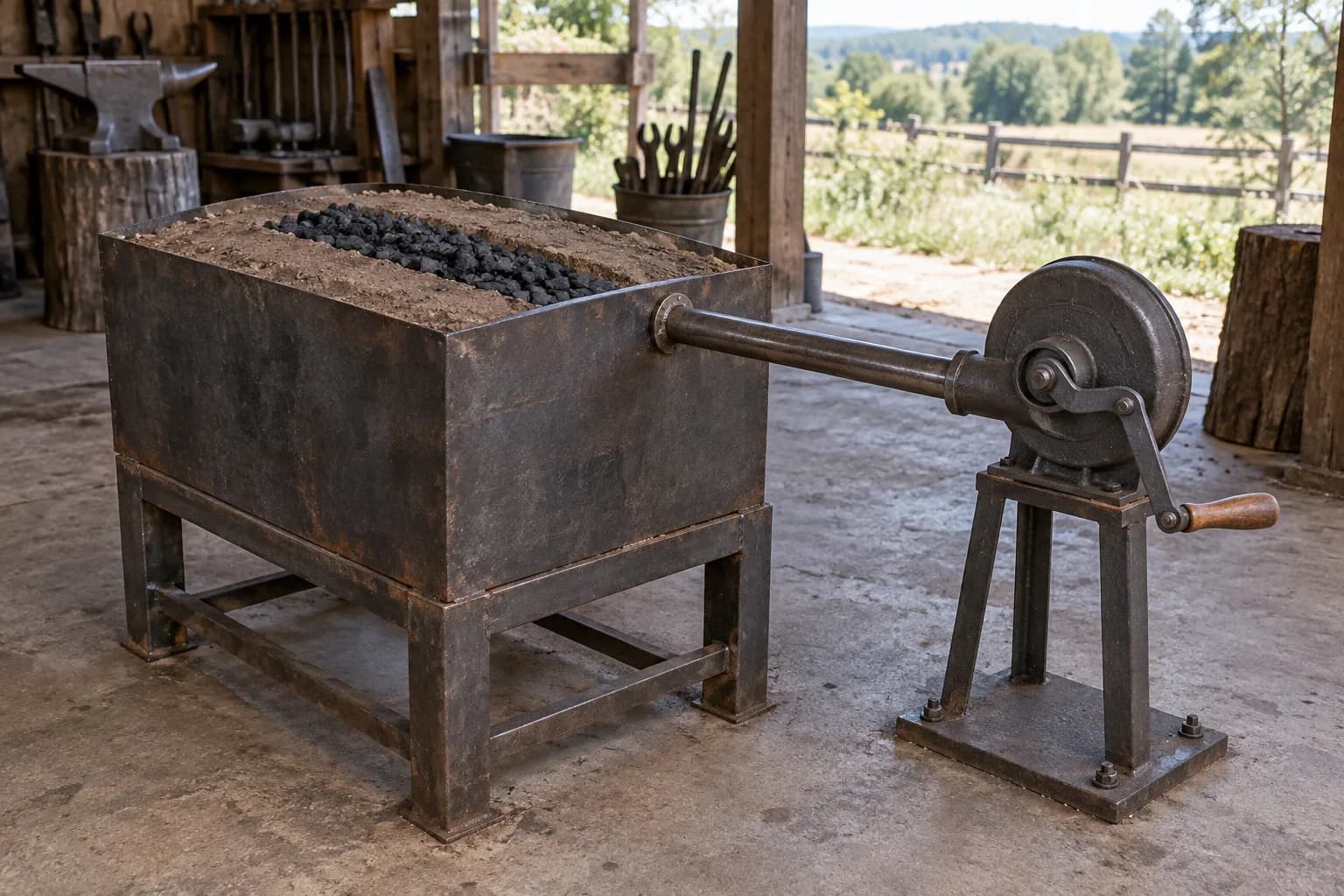Cold steel box packed with dirt, a charcoal-filled trench on top and a pipe to a hand-crank blower, in an open-sided shop bay.