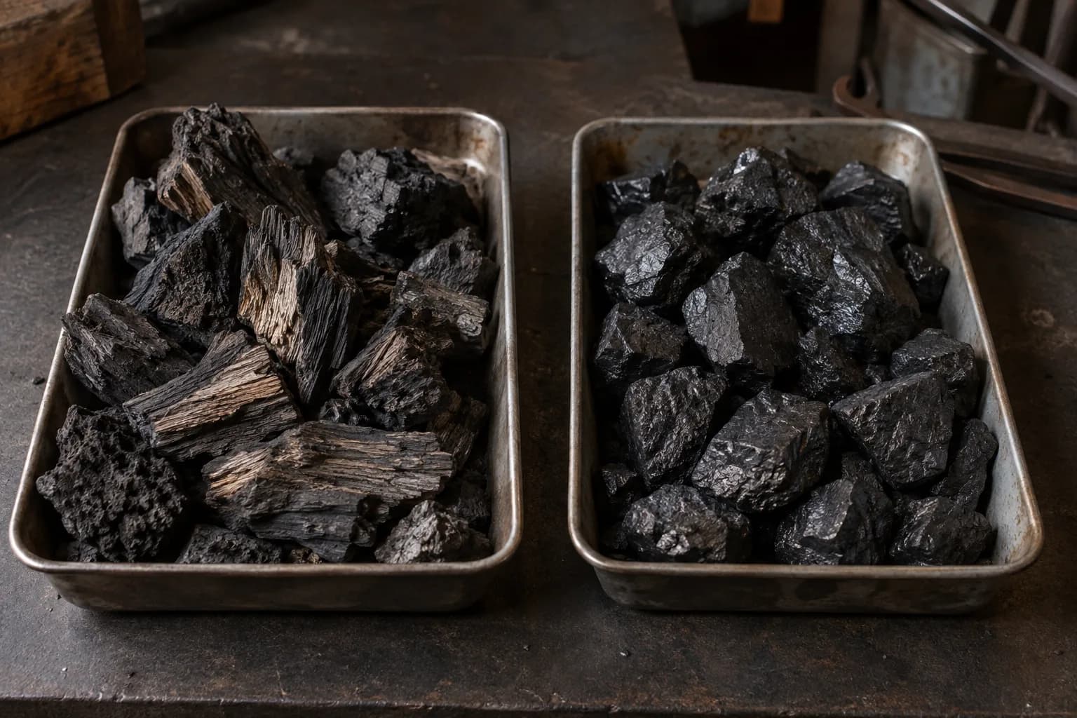 Two steel trays on a dark bench: grainy hardwood lump charcoal on the left, dense glossy coal lumps on the right.