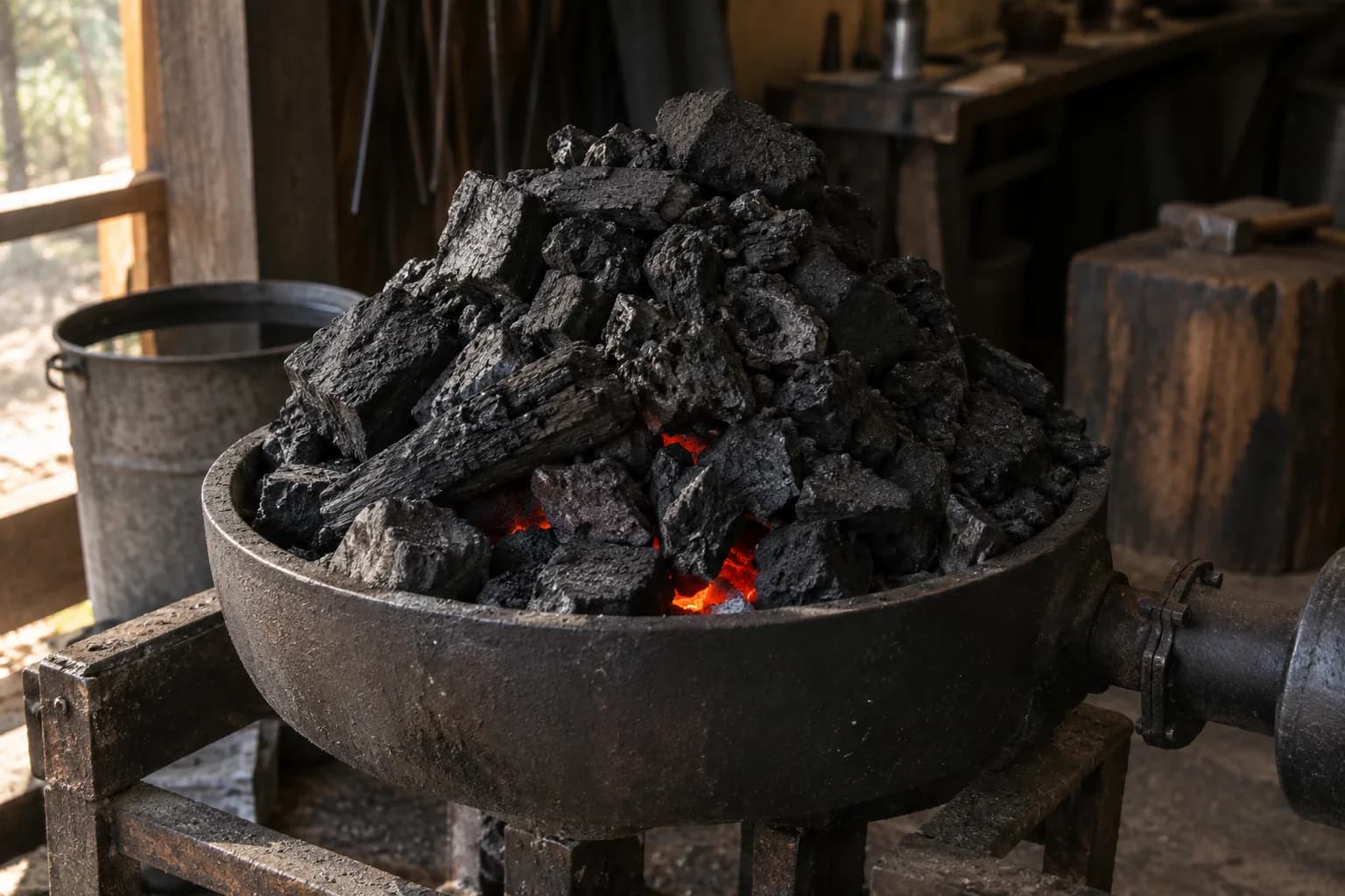 Tall mound of black lump fuel heaped in a cast-iron forge pan, orange embers glowing low in the pile, in a rustic smithy