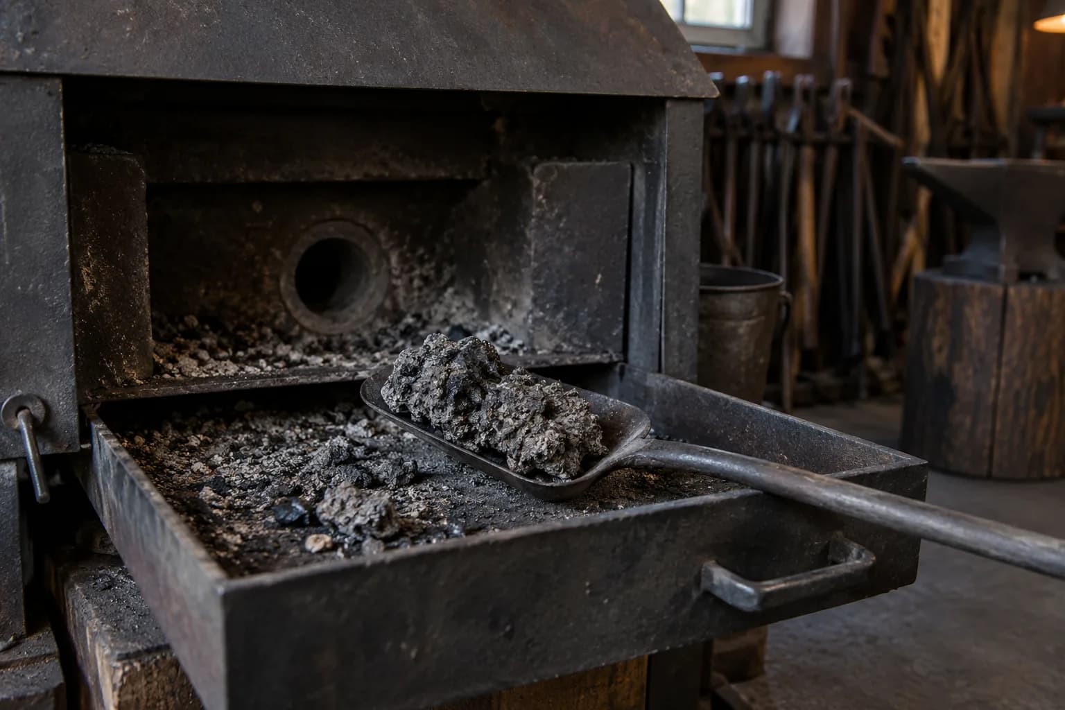 Gray fused clinker lumps on a long iron shovel resting on a pulled-out ash tray, with the round air inlet clear behind.
