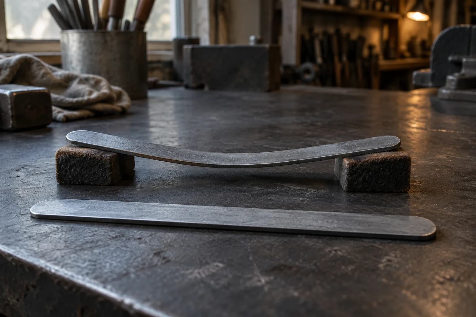 Gray steel test strip with a gentle permanent bend resting on two padded blocks beside a straight strip on a dark bench.
