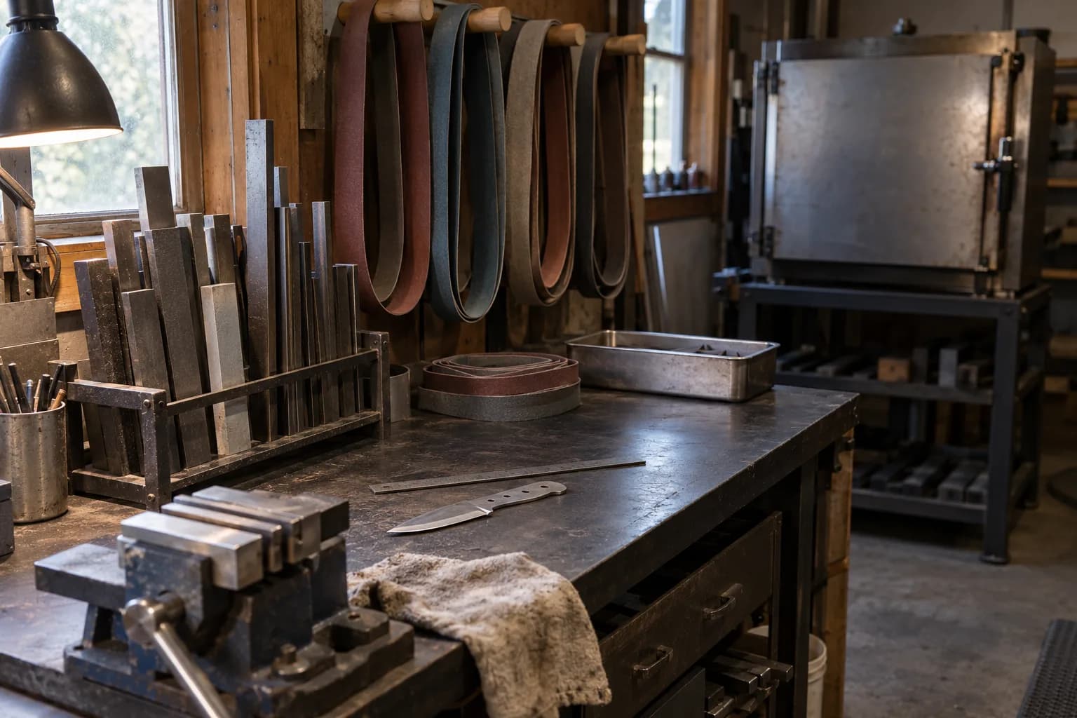Steel bar stock in a rack, sanding belts on wooden pegs, a vise and a knife blank on a workbench, with a heat-treat oven behind.