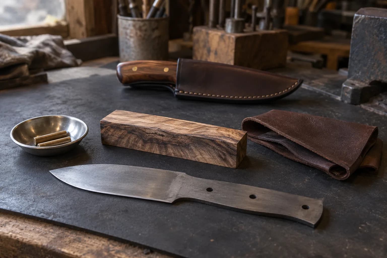 Plain knife blank, burl handle block, brass pins in a dish and folded leather beside a finished knife in a stitched sheath.