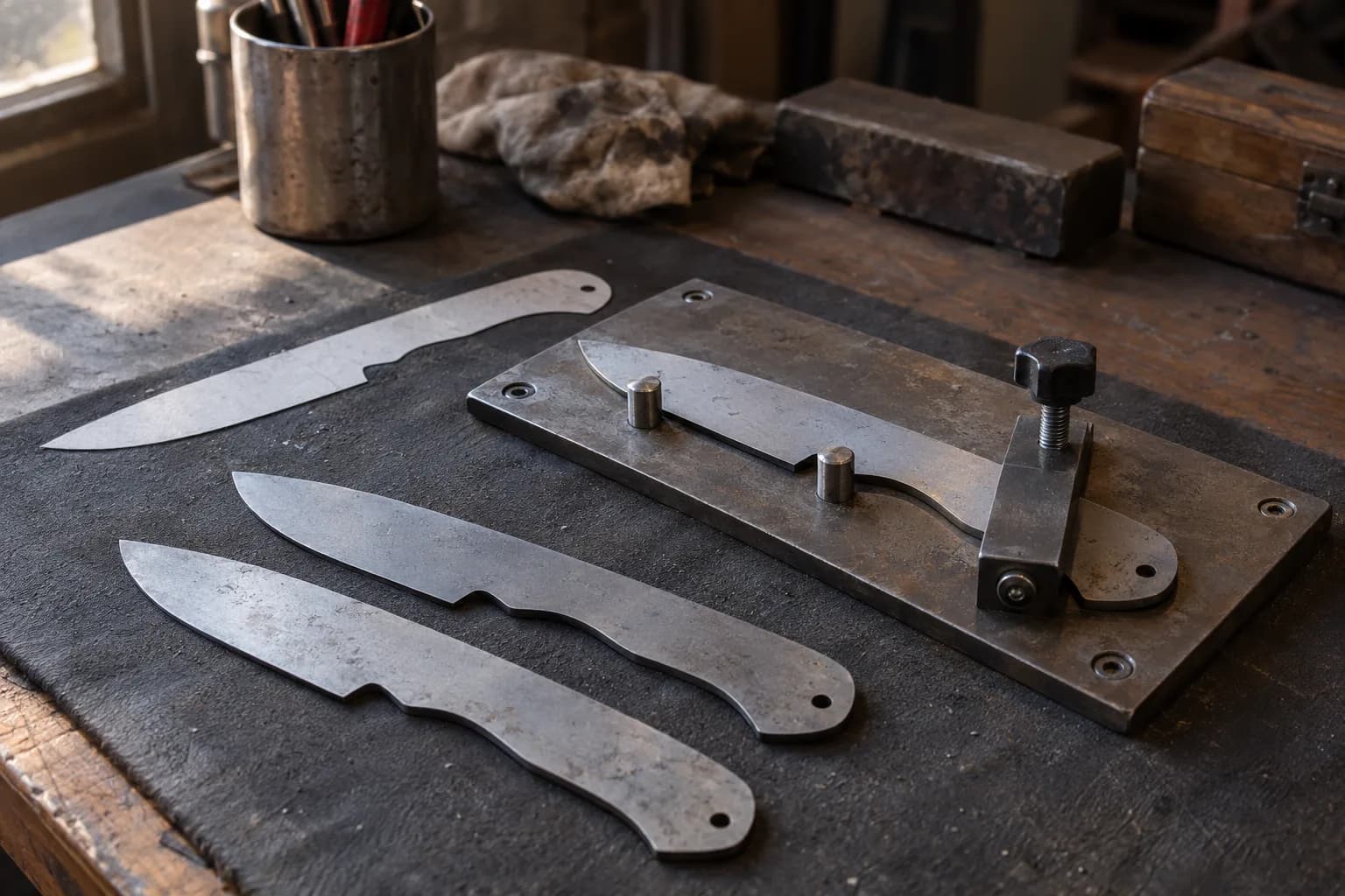 Steel knife profile pattern and two matching blanks beside a plate jig holding a blank against two pins with a knob clamp.