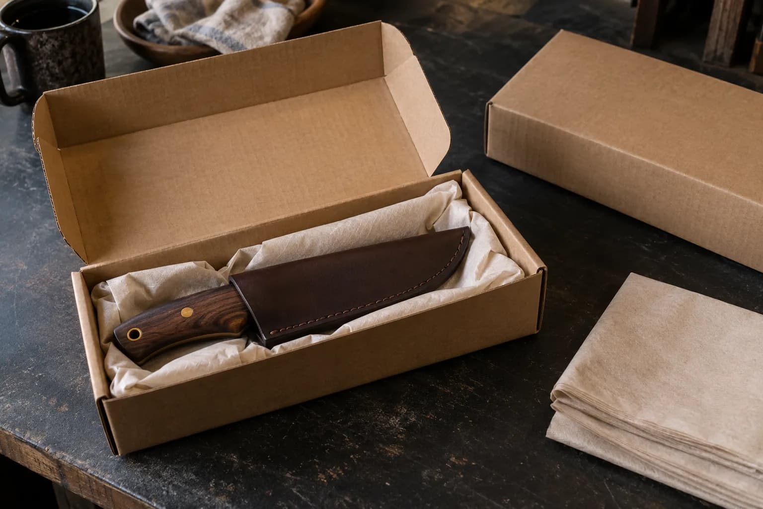 Sheathed knife with a wooden handle packed in tissue in an open kraft box, beside a closed box and a stack of tissue.