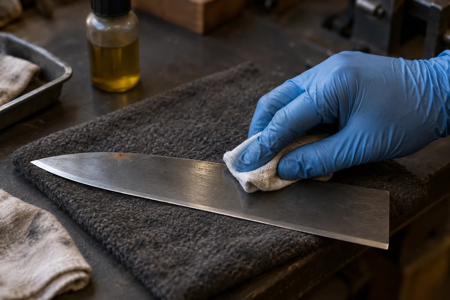 Gloved hand wipes oil on a flat steel blade with a small rust spot near the spine, oil bottle behind