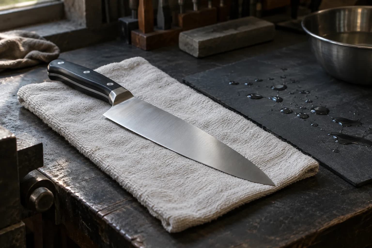 Clean stainless chef's knife on a dry white cloth beside a dark mat with scattered water droplets