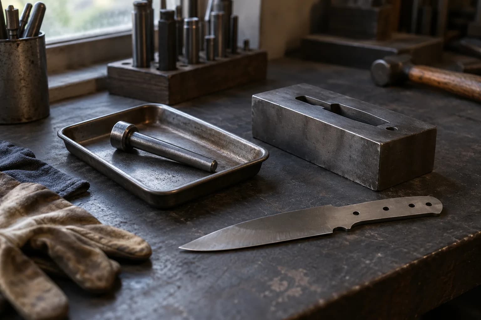 Steel punch in a tray beside a die block with a knife-shaped slot and an unhandled knife blank with pin holes