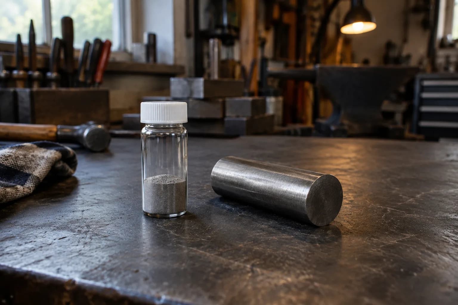 Clear vial of fine gray metal powder beside a short round steel bar on a dark bench, anvil blurred behind