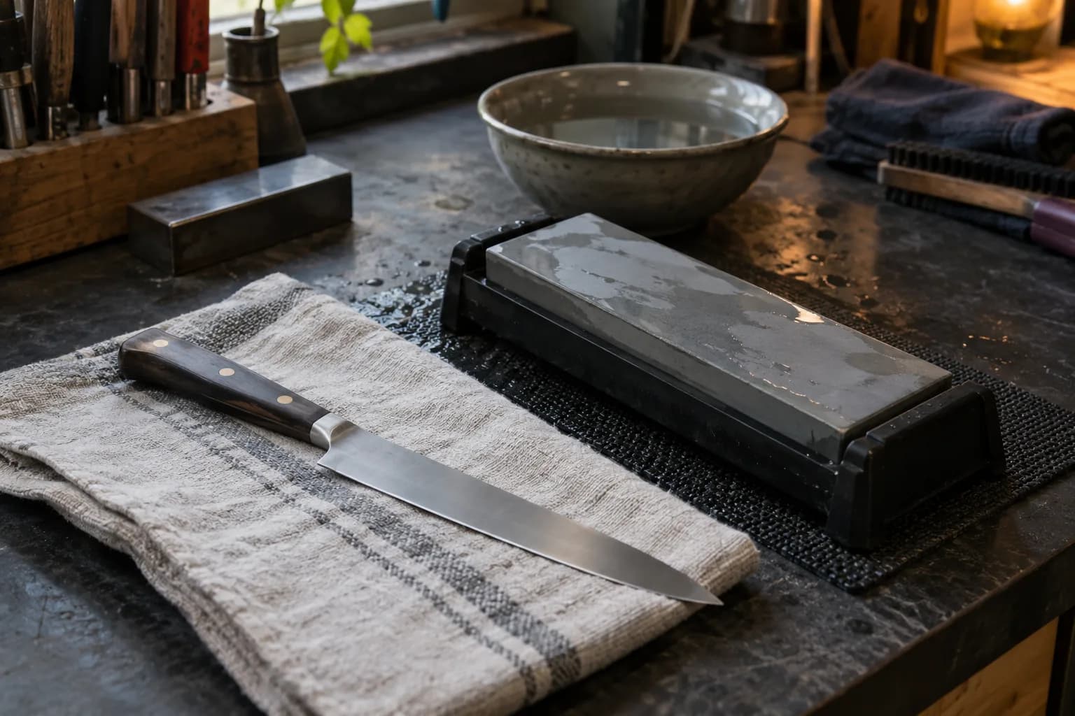 Slim kitchen knife on a folded linen cloth beside a wet bench stone in a nonslip holder, with a water bowl behind.