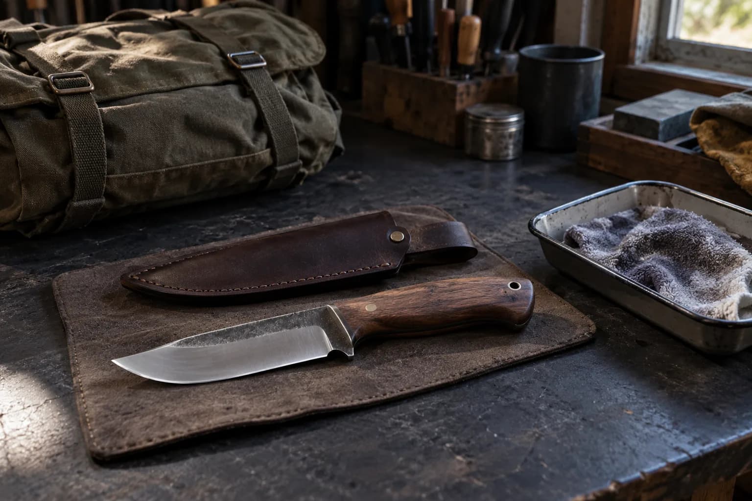 Hunting knife with curved belly and wood handle on a leather pad beside its sheath, a canvas pack and a tray with a damp cloth.